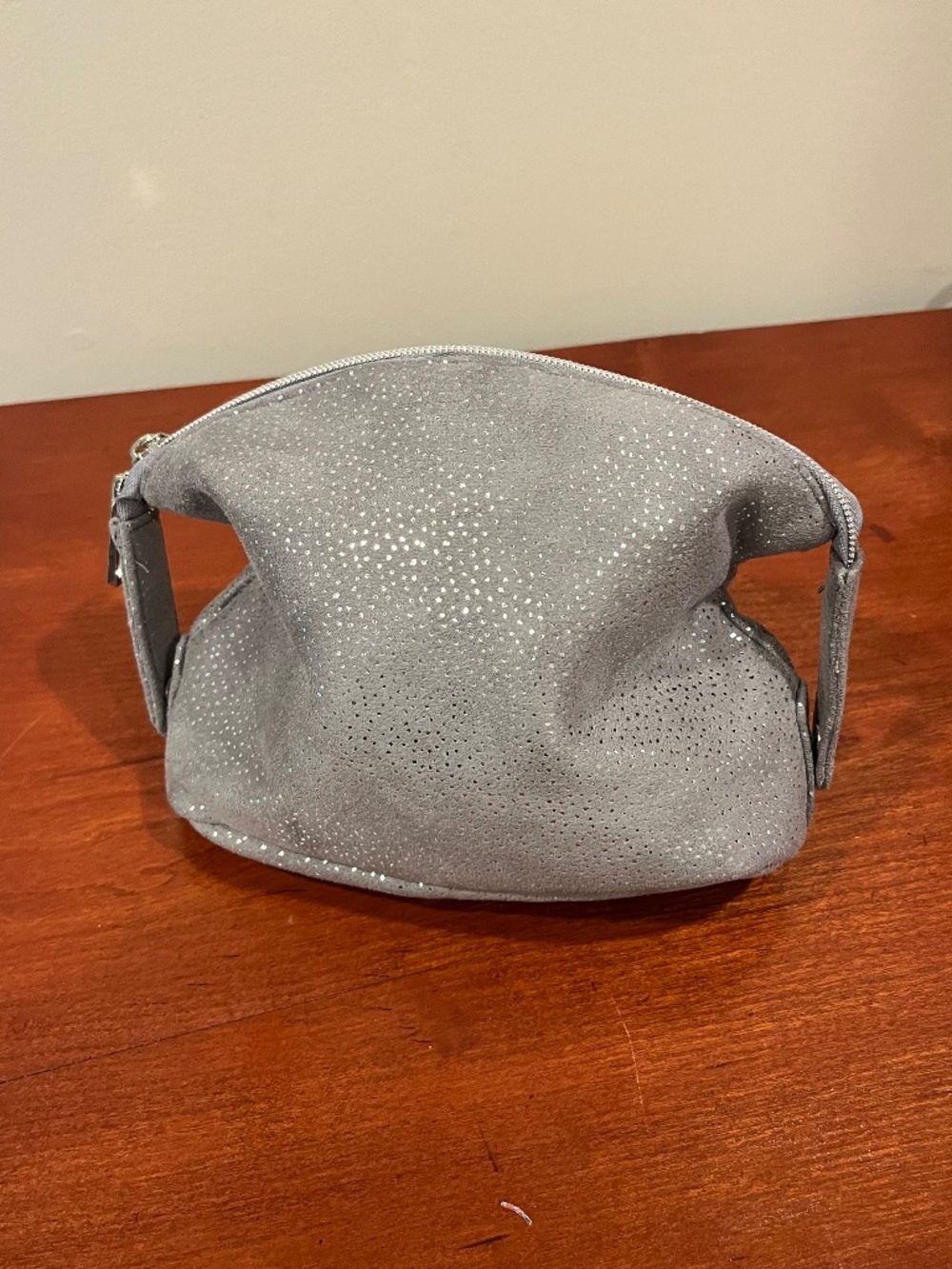 Gray Slouch Faux Suede Cosmetic Bag with Silver Glitter Dot Detailing